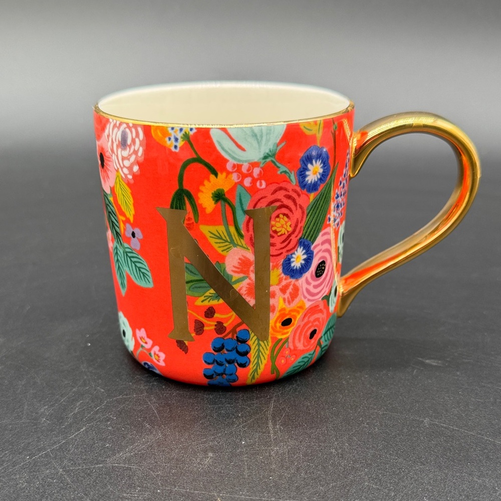 Rifle Paper Co. for Anthropologie Garden Party Floral Gold Monogram “N" Mug